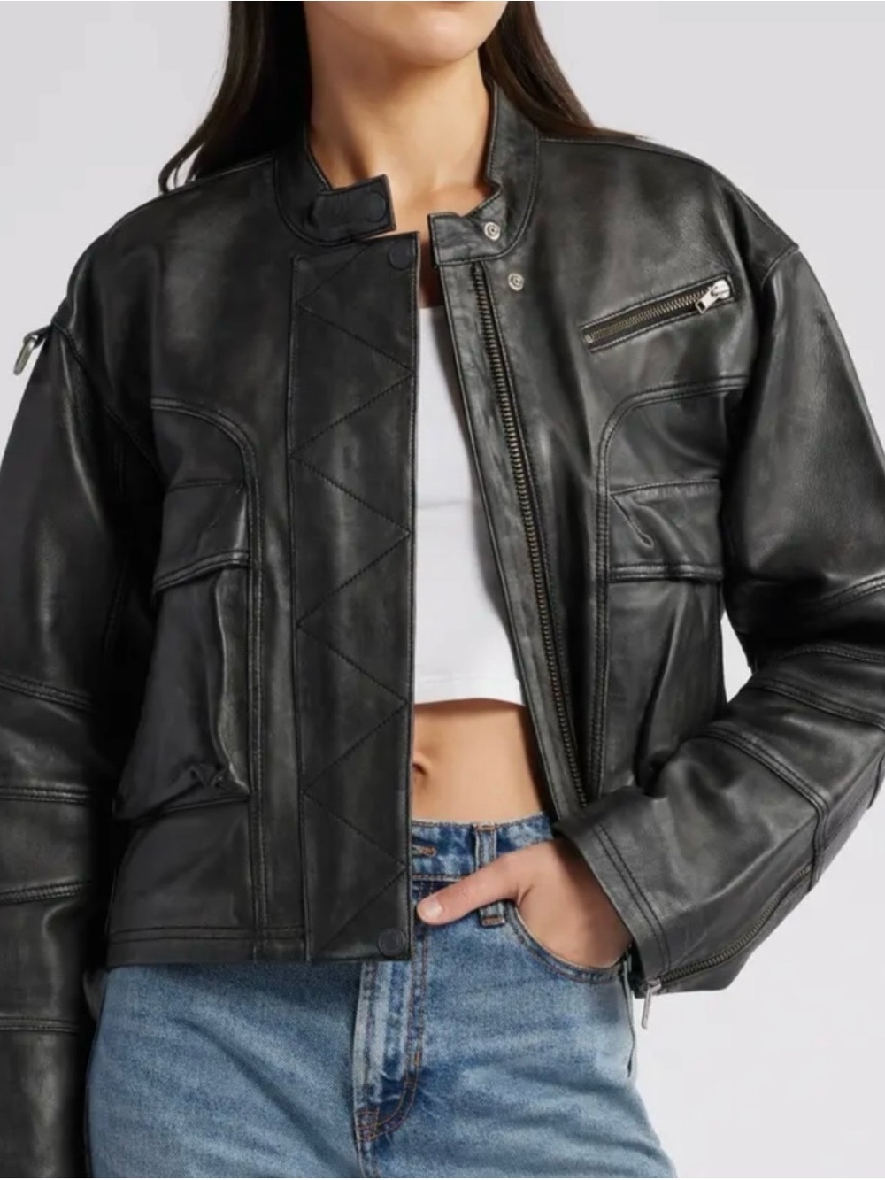 We The Free Black Boxy Adrienne Leather Bomber Jacket FREE PEOPLE Size L $550